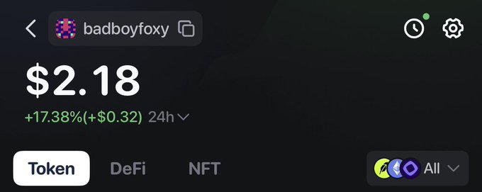 A cryptocurrency portfolio screen showing the token 'badboyfoxy' with a value of $2.18, up 17.38% (+$0.32) over 24 hours.