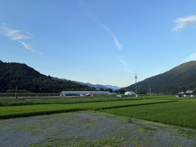 A peaceful landscape of green rice fields and mountains under a blue sky, subtly contrasting with the active, crypto-gameplay focus of the accompanying "#STEPN #HEAL3" post.