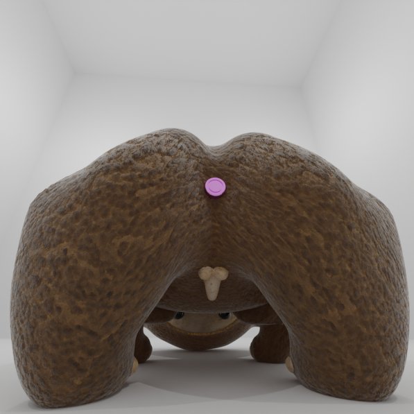 A 3D-rendered, low-angle view of a small round creature with a heavily textured brown, peanut-shell-like body and a tiny face peeking out from underneath.