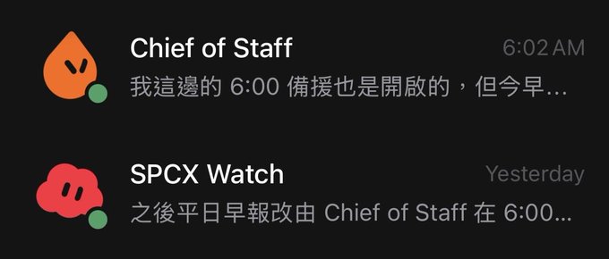 A notification feed shows messages from "Chief of Staff" (6:02 AM) and "SPCX Watch" (Yesterday), with Chinese text referencing a 6:00 morning report, illustrating how the Chief of Staff bot coordinates with the specialized SPCX Watch bot to deliver daily market briefings.