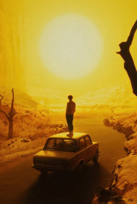 The image features a man standing next to an old car, both of which are located on a road. The man appears to be alone with his thoughts or perhaps enjoying the view around him. The car seems to be parked for some time, possibly as part of a journey or adventure. The background is not clearly visible but it could be related to the post's message about staying hydrated and pushing oneself during summer.
