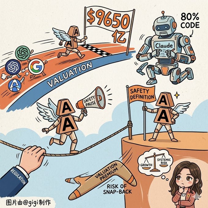 The image portrays a cartoon scene where three robots are walking on a tightrope, holding papers that read ' valuation', ' safety definition', and ' risk -back'. An AI robot is also present with its own paper labeled as ' AI在给自己写代码 '. The post suggests an understanding of the importance of these documents in managing businesses.