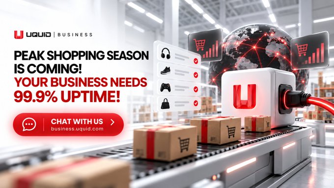 An advertisement banner for 'UQUID | BUSINESS' promoting peak shopping season uptime, displaying 'PEAK SHOPPING SEASON IS COMING! YOUR BUSINESS NEEDS 99.9% UPTIME!' with a 'CHAT WITH US business.uquid.com' button over imagery of packages on a conveyor belt and a digital globe.