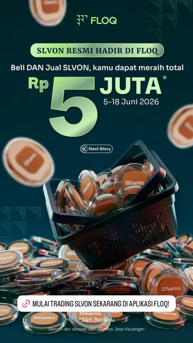 The image features an advertisement for SLVON, a tokenization of iShares Silver Trust (SLV). The poster displays a basket filled with coins, symbolizing the tokens, and the text "SLVON RESemi HADIR DI FLOQ" is written above it. The post also mentions that SLVon is part of the RWA trend in focus on what's happening in the image.