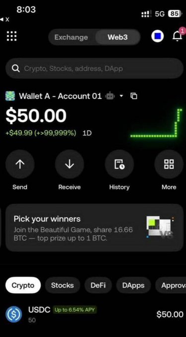 The image shows a crypto wallet app displaying "Wallet A – Account 01" with a balance of $50.00, reflecting a gain of "+$49.99 (+>99,999%)" over 1D, alongside a $50.00 USDC balance earning up to 6.54% APY. This visually supports the post's claim of a successful small withdrawal payment from the Earn'Craft update, illustrating the kind of modest but reportedly real payout users are receiving.
