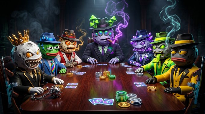 A group of colorful, stylized cartoon characters with menacing expressions sit around a poker table with playing cards, poker chips, and a Bitcoin token.