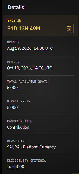 A mobile app screen displaying event details for a campaign contribution reward of '$AURA - Platform Currency', which ends in 31 days, 13 hours, and 49 minutes and offers 5,000 direct spots to the top 5,000 participants.