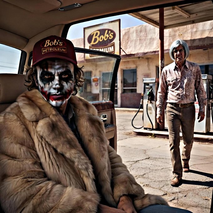 A surreal scene featuring a Joker-faced figure wearing a 'Bob's Petroleum' cap and fur coat sitting in a car, while another person stands outside near a 'Bob's Petroleum' gas station.