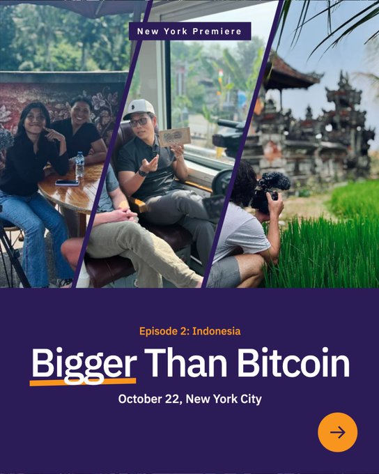 Promotional poster for "Episode 2: Indonesia – Bigger Than Bitcoin," a New York Premiere event on October 22, New York City, featuring three photos from the documentary.