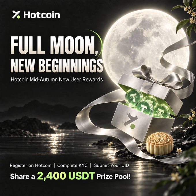 A promotional banner for Hotcoin's Mid-Autumn Festival campaign reads "FULL MOON, NEW BEGINNINGS — Hotcoin Mid-Autumn New User Rewards" and advertises a "2,400 USDT Prize Pool" for users who register, complete KYC, and submit their UID, featuring imagery of a full moon, glowing USDT coins spilling from a gift box, and a mooncake that ties into the festival theme of the accompanying rewards announcement.