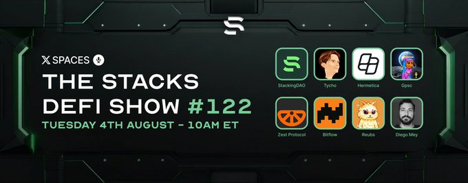 A promotional graphic for 'THE STACKS DEFI SHOW #122' on X Spaces, scheduled for 'TUESDAY 4TH AUGUST - 10AM ET', featuring profile images of guests StackingDAO, Tycho, Hermetica, Opus, Zest Protocol, Bitflow, Reuits, and Diego May.