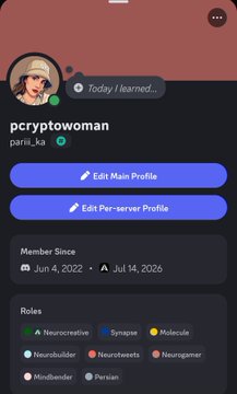 A Discord profile page for user "pcryptowoman" (paris_ka) showing membership since Jun 4, 2022, with roles including Neurocreative, Synapse, Molecule, and others.