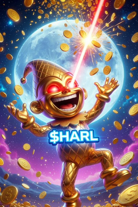 A vibrant, cartoon-style illustration features a golden jester character with glowing red eyes shooting a laser beam from one eye, surrounded by flying gold coins against a cosmic background, with the text '$HARL' displayed.