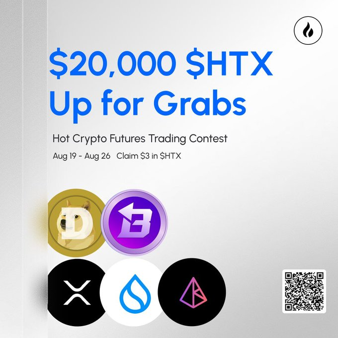 The image is a promotional graphic for a "Hot Crypto Futures Trading Contest" offering $20,000 in $HTX prizes, running from August 19-26, featuring a $3 sign-up bonus and logos for Dogecoin (DOGE), BEAT, XRP, Sui (SUI), and AKE, with a QR code in the bottom right to join the contest on HTX.