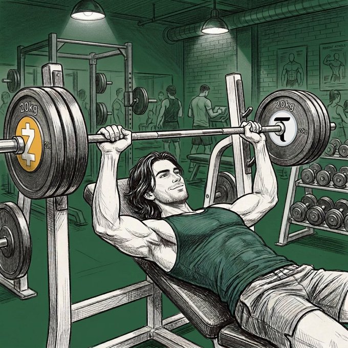 An illustration of a man with long hair performing a bench press with 20kg weights, one featuring a Z (Zcash) logo and the other a T (Toncoin) logo.