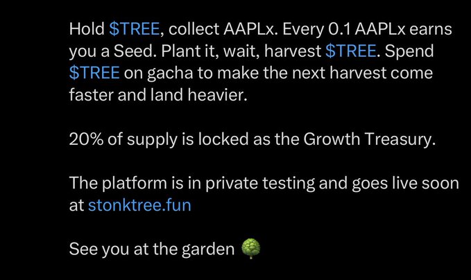 A text description for a cryptocurrency project called $TREE on the platform stonktree.fun, explaining that users hold $TREE and collect AAPLx, with 20% of supply locked as the Growth Treasury.