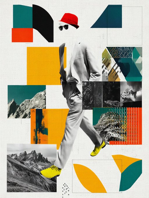A colorful collage-style illustration of a person wearing a red bucket hat, sunglasses, and yellow shoes walking, with various geometric shapes and mountain images.