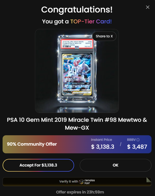 A congratulations screen showing a PSA 10 Gem Mint 2019 Miracle Twin #98 Mewtwo & Mew-GX trading card, with an instant price of $3,138.3 and a '90% Community Offer'.
