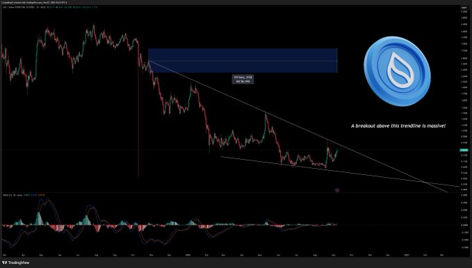 A SUI/USDT candlestick chart on TradingView displays a descending trendline with a labeled "BREAKOUT TARGET" zone near $1.45, accompanied by a SUI coin logo and the annotation "A Breakout above this trendline is massive!" alongside MACD and RSI indicators, visually supporting the post's call to watch SUI for a major resistance breakout.
