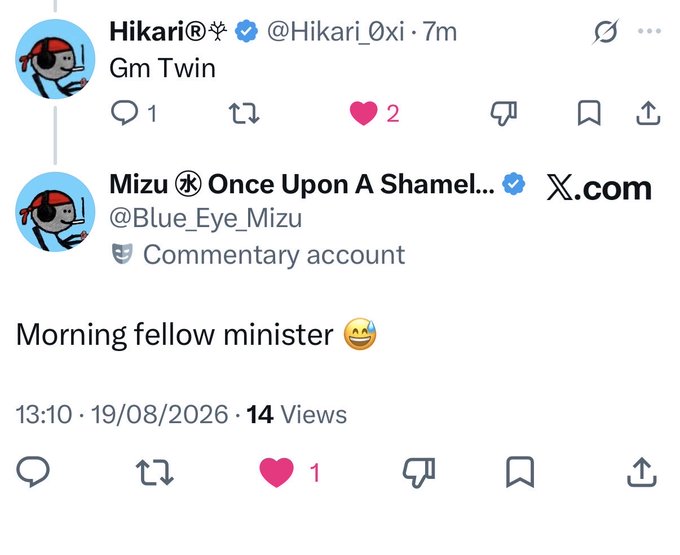 The image shows a Twitter exchange between Hikari (@Hikari_0xi) and Mizu (@Blue_Eye_Mizu), a commentary account, with Hikari tweeting "Gm Twin" and Mizu replying "Morning fellow minister 😅" — both using the same anime-style profile picture, which the post highlights as an example of many users repping the same PFP.