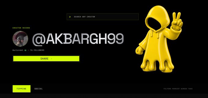 A creator profile screen on Kilter Rewards showing the handle '@AKBARGH99' with a yellow hooded 3D figure avatar making a peace sign on a black background.