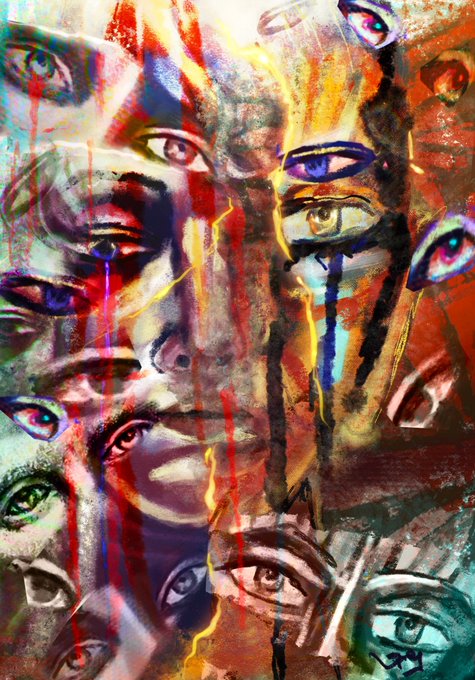 A vibrant, abstract expressionist artwork depicting fragmented human faces and piercing eyes rendered in fiery reds, yellows, and deep blues, with paint streaks bleeding like tears—visually embodying the post's metaphor of intense emotions shattering the self into scattered, prismatic pieces.