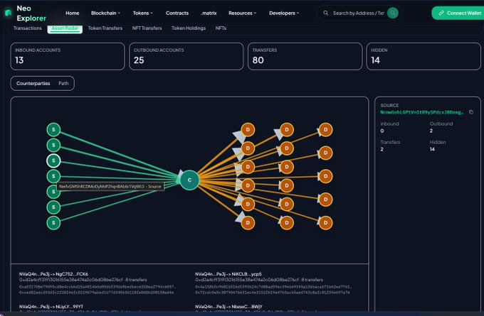 Neo Explorer blockchain transaction visualization showing a source address with 13 inbound accounts, 25 outbound accounts, 80 transfers, and 14 hidden, with a network diagram of connected wallets.