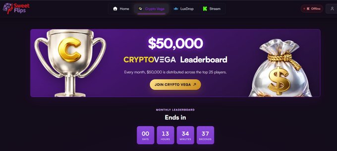 A promotional banner for CryptoVega's $50,000 monthly leaderboard on SweetFlips, featuring a countdown timer showing 13 hours, 34 minutes, and 37 seconds remaining and a "JOIN CRYPTO VEGA" call-to-action button, matching the post's urgent message about spots still being open before the competition ends.
