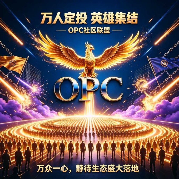 A dramatic promotional graphic featuring Chinese text '万人定投 英雄集结' (Thousands Investing, Heroes Gathering) and 'OPC社区联盟' (OPC Community Alliance), showcasing a golden phoenix above the 'OPC' logo with silhouettes of people below and the tagline '万众一心，静待生态盛大落地' (United as One, Awaiting the Grand Launch of the Ecosystem).