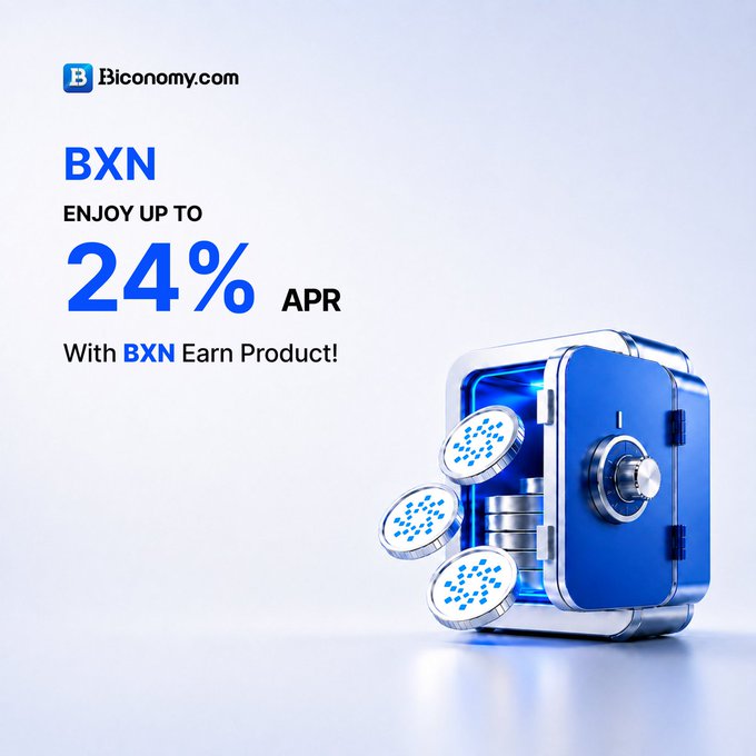 A promotional advertisement for Bconomy.com displaying "BXN ENJOY UP TO 24% APR With BXN Earn Product!" next to a 3D illustration of a blue safe with crypto coins.