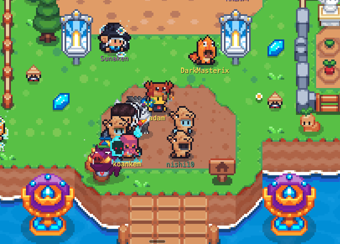 A pixel art game screenshot of Sunflower Land showing multiple players—including "Sunaken," "DarkMasterix," "Adam," "nisn110," and "koanKen"—gathered in a plaza area with farming plots and NPC companions, representing the game's new Ascension Age community of 40,000+ players.