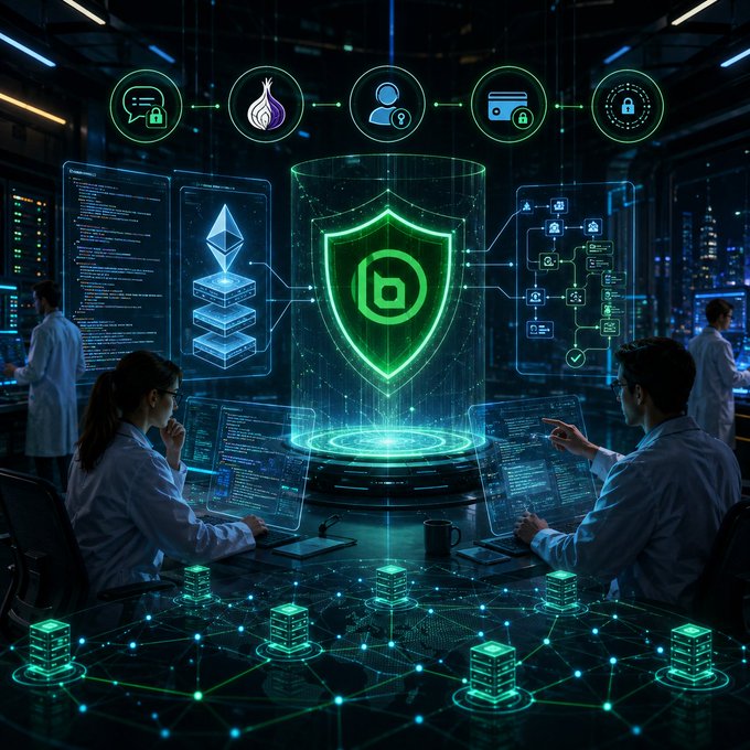 A futuristic cybersecurity illustration featuring a glowing green shield emblem at its center, with figures in lab coats analyzing code and security icons floating above.
