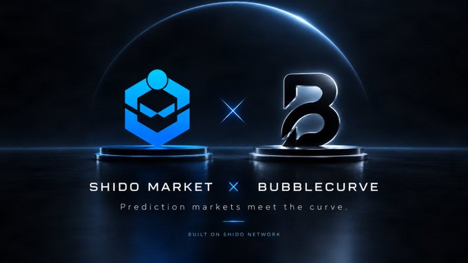 A promotional graphic showing logos for 'SHIDO MARKET' and 'BUBBLECURVE' with the text 'Prediction markets meet the curve. BUILT ON SHIDO NETWORK'.