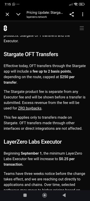 The image shows a Stargate pricing update notice from LayerZero announcing that excess revenue from OFT transfers and LayerZero Labs Executor fees will be used for ZRO token buybacks starting September 1, when the minimum Executor fee rises to $0.25 per transaction. This directly supports the post's mention of upcoming $ZRO buybacks funded by excess revenue.