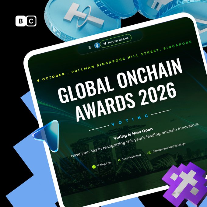 A promotional graphic for the 'GLOBAL ONCHAIN AWARDS 2026' at Pullman Singapore Hill Street on 6 October, with voting now open, featuring BC logo and 3D coin/token decorations.