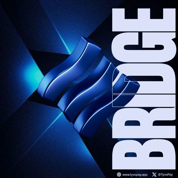 A dark blue promotional graphic featuring a 3D metallic logo with three curved blue bars, accompanied by the large vertical text 'BRIDGE' and the URLs/handles 'www.tyvopay.app' and '@TyvoPay'.