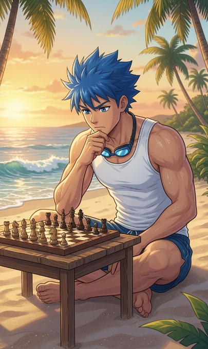 A muscular anime character with spiky blue hair sits cross-legged on a sandy beach at sunset, intensely contemplating a chess game on a wooden table, with palm trees and ocean waves in the background. The image metaphorically represents the strategic thinking and calculated moves required to build robust Web3 infrastructure, much like planning several moves ahead in chess to solve complex blockchain challenges.
