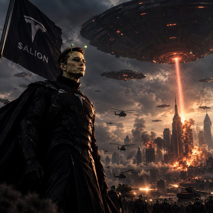 A dramatic sci-fi scene featuring a figure resembling Elon Musk holding a '$ALION' flag while UFOs attack a burning New York City skyline.