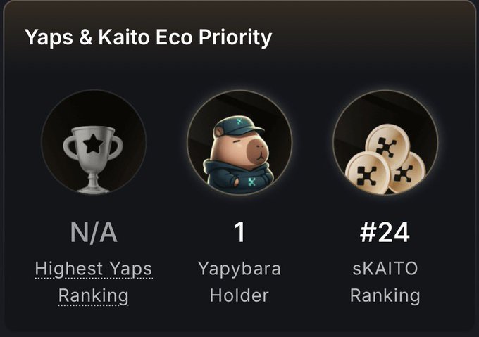 A dashboard titled 'Yaps & Kaito Eco Priority' showing N/A for Highest Yaps Ranking, 1 Yapybara Holder, and #24 sKAITO Ranking.