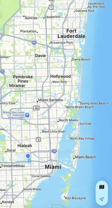 A map showing the South Florida region including Fort Lauderdale, Miami, Miami Beach, Hialeah, and Miami-Opa Locka Executive Airport, with a blue location pin near Hialeah.