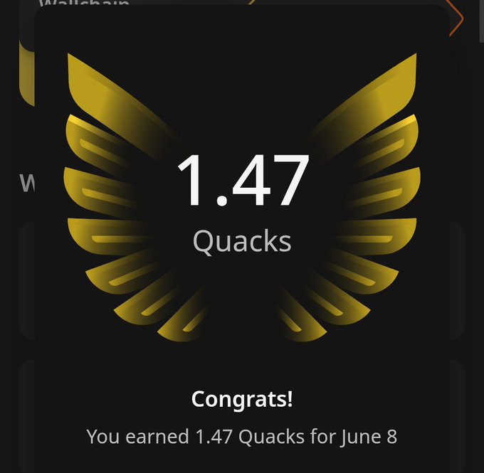 The image features a black background with a gold-colored bird's wing design, which appears to be a logo or emblem for a gaming app or website. The text "Good afternoon my X friend Just earned 1.47 Quacks for June 8" is displayed in the image, indicating that the user has achieved a certain number of Quacks points within a specific time frame. This accomplishment could be related to a game or activity where players earn Quacks as points and are rewarded with badges or other symbols upon reaching a certain milestone. The post also mentions that the user was awarded 1.47 Quacks for June 8, which suggests that they have been playing the game on this particular day.
