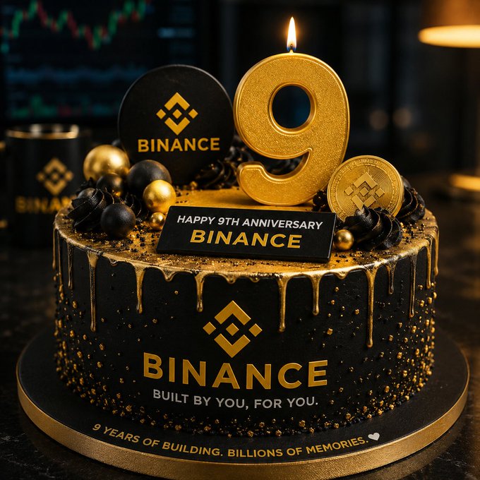 A black and gold celebration cake decorated with a large gold '9' candle and Binance branding, reading 'Happy 9th Anniversary Binance,' 'Built by you, for you,' and '9 Years of Building. Billions of Memories.'