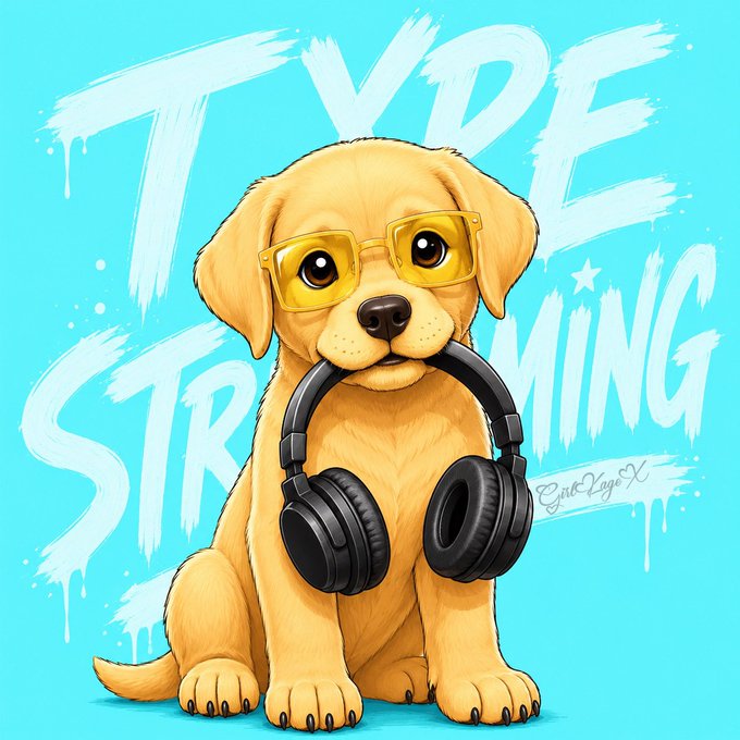 An illustrated yellow Labrador puppy wearing yellow sunglasses sits with black headphones in its mouth against a turquoise background with white graffiti-style text reading 'TYPE STREAMING'.