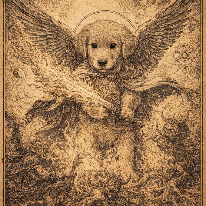 A sepia-toned illustration of an angelic puppy with wings and a halo, wielding a flaming sword while standing triumphantly over demons.