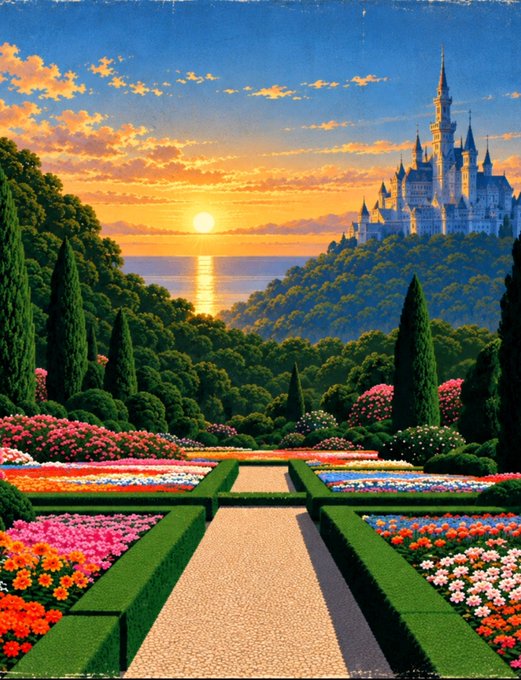 A fantasy painting of a fairytale castle on a hill overlooking a sunset ocean, with manicured gardens and flower beds in the foreground.