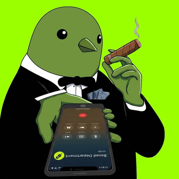 A cartoon green bird dressed in a tuxedo smokes a cigar while holding a smartphone displaying an active call to "Based Department" on a green background, evoking a retro, old-school crypto "degen" aesthetic. The image complements the post's call to return to a fun, traditional era of meme coins, fitting the playful tickers $CASHCAT, $HOODRAT, $JUGGERNAUT, and $THROBBIN.