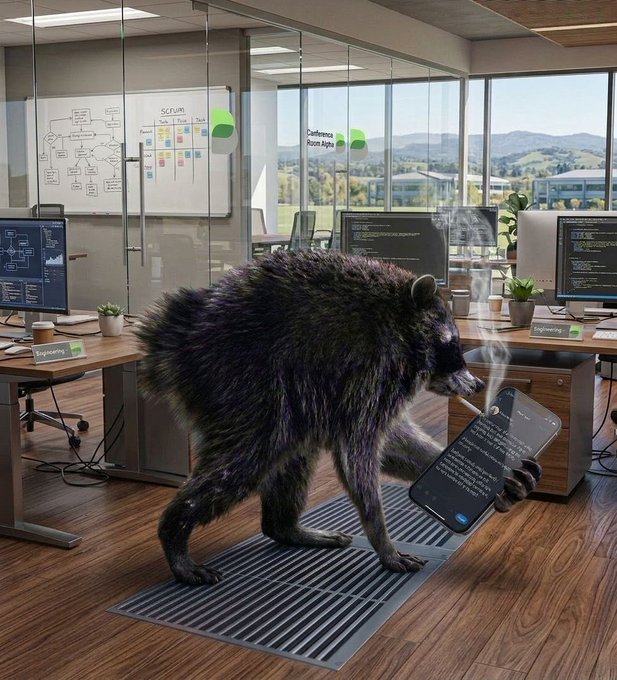 A raccoon with a cigarette checks its phone in an office setting featuring a "Scrum" board and "Conference Room Alpha." This image illustrates the humorous marketing options presented, contrasting a high-cost KOL with a low-cost, viral approach.