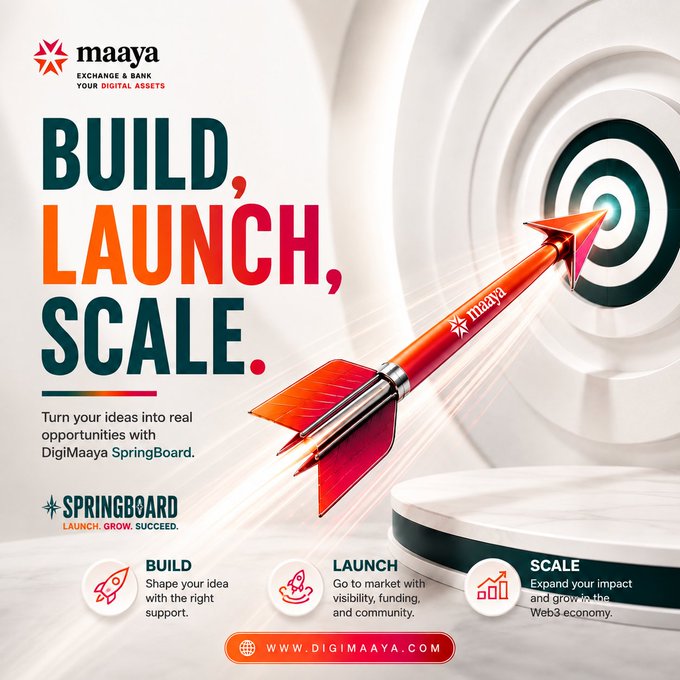 An advertisement for 'maaya Exchange & Bank' featuring the tagline 'BUILD, LAUNCH, SCALE' and 'Turn your ideas into real opportunities with DigiMaaya SpringBoard', with a website URL 'WWW.DIGIMAAYA.COM'.