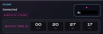 A dark-themed digital interface showing 'Account Connected' status with a countdown timer displaying 00 days, 20 hours, 27 minutes, 17 seconds, and the message 'WHITELIST CLOSED - WHITELIST OPENS IN'.