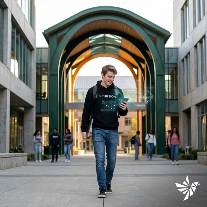 A young man wearing a black "RECURSION" hoodie walks through a modern university courtyard while looking at his smartphone, with holographic interface graphics overlaid on the image.